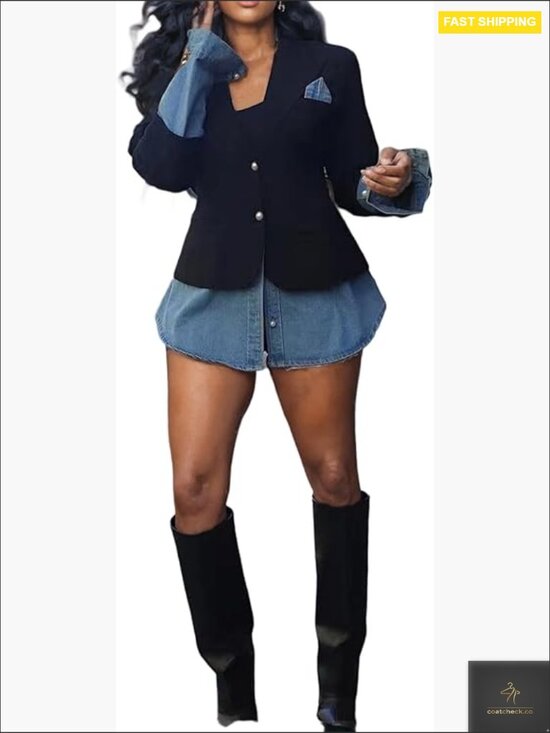 Jackets & Blazers - Slim Fit Denim Blazer Long Sleeve Open Front Office Work Jacket Chic